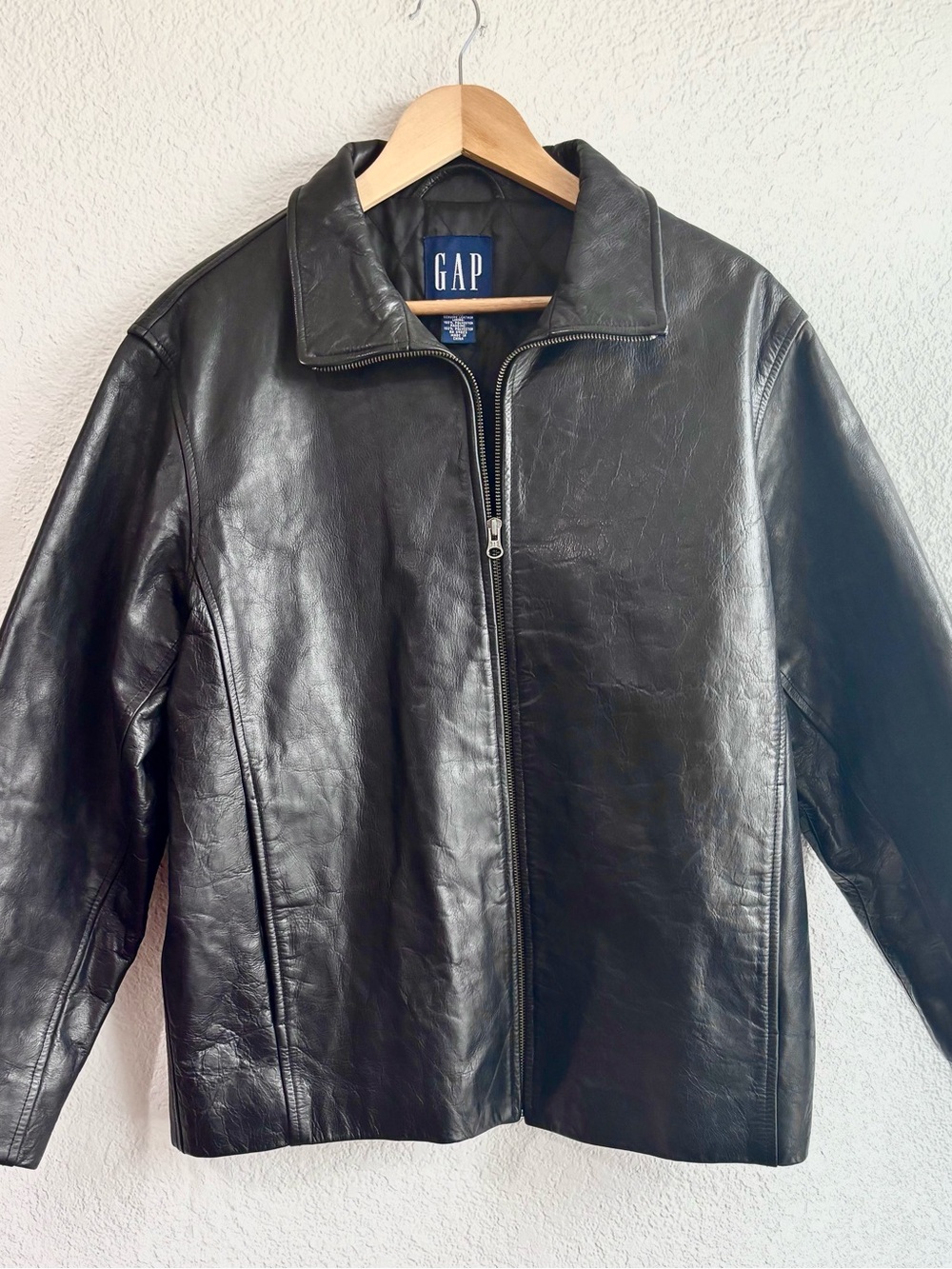 Vintage GAP Black Leather Jacket Mens Medium Full Zip Y2K 90s